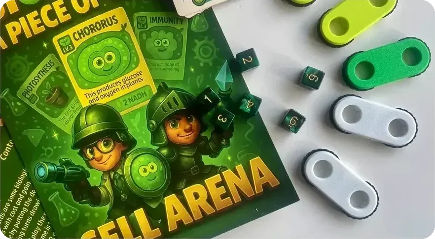 Cell Arena physical components: cards, dice and ATP counters